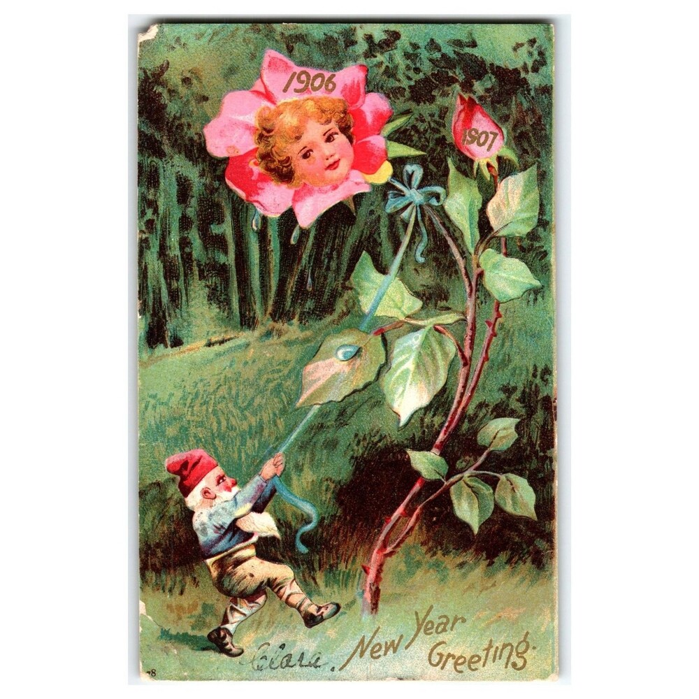 1907 Antique New Year Postcard Gnome Garden Fantasy Art International Art Pub